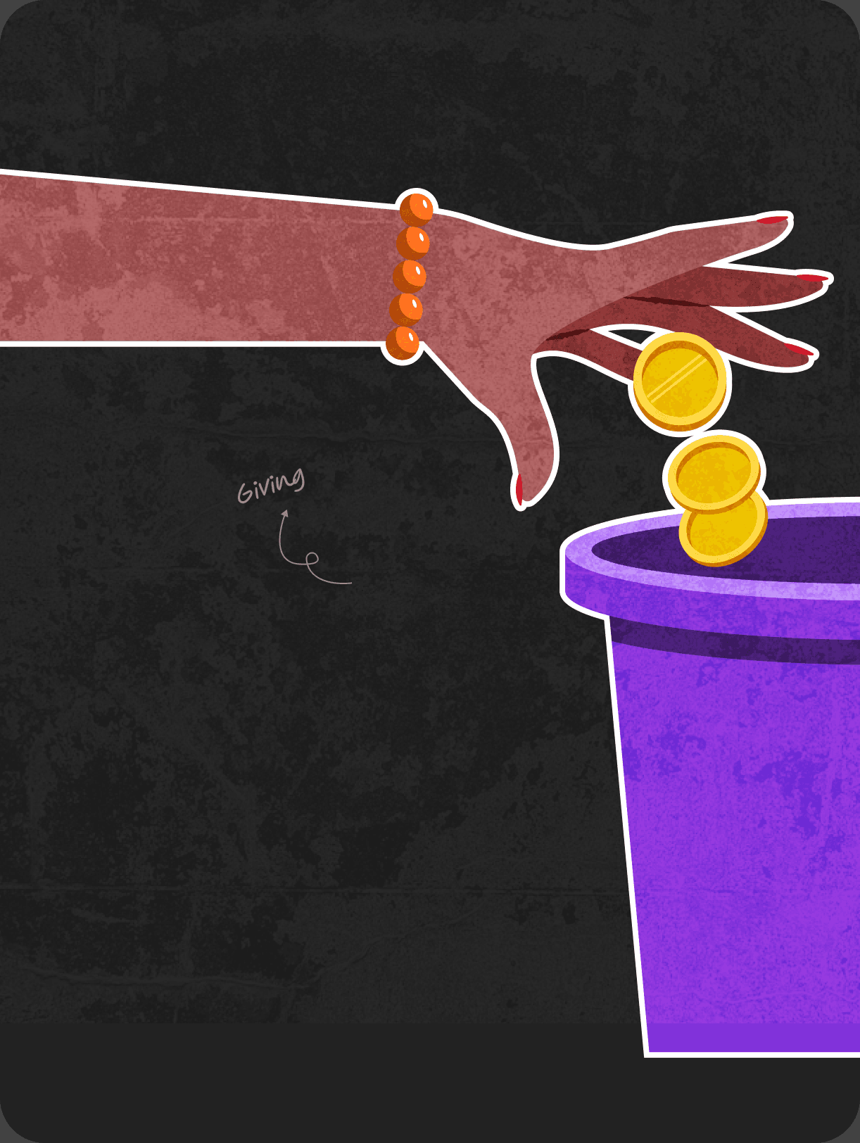 A hand dropping coins into an offering bucket — giving